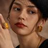 Yong Nuo Vintage Retro Luxury Amber Yellow Stone Ring with Hollow Square Design In Electroplated Real Gold.