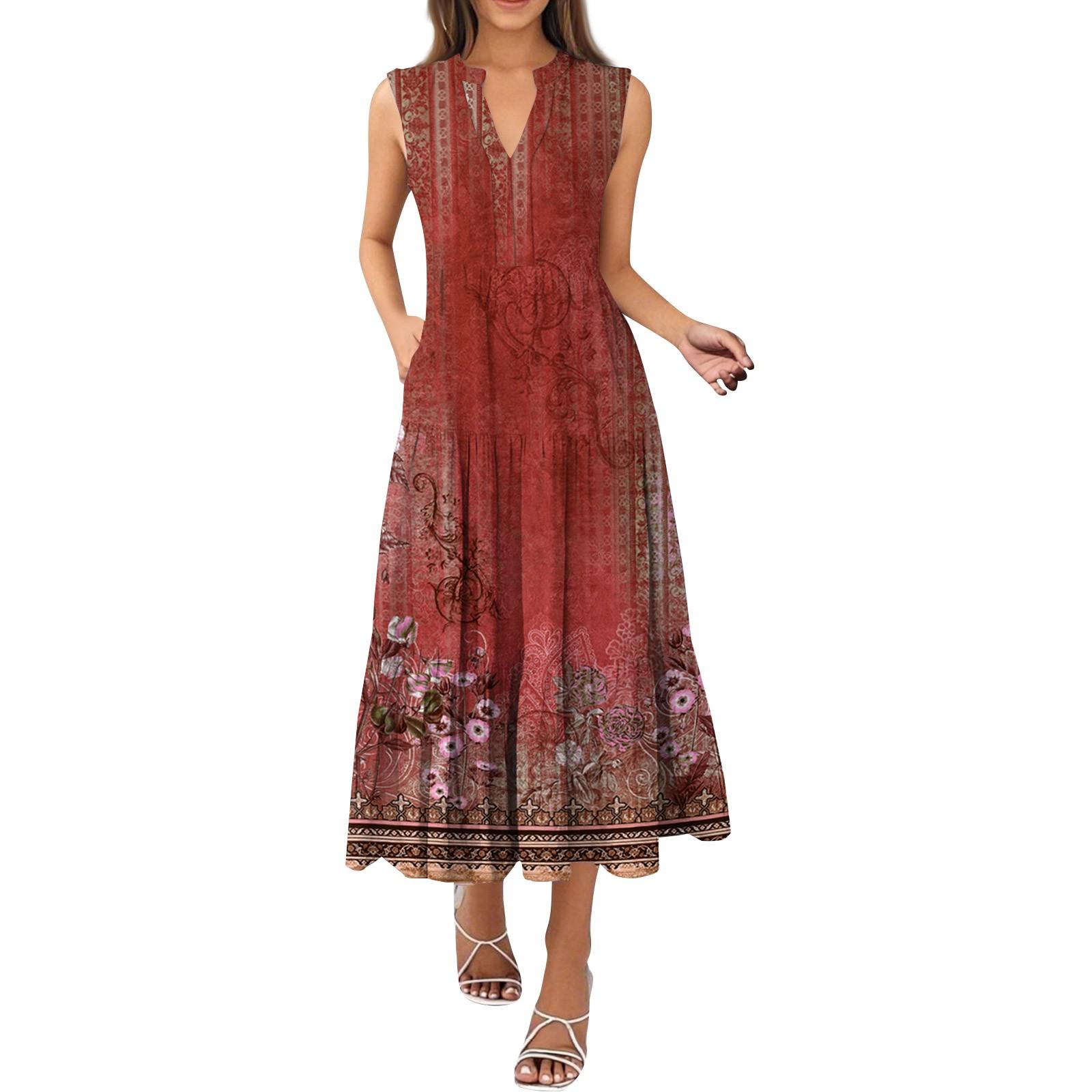 

Женские модные летние платья без рукавов с V-образным вырезом и винтажным цветочным принтом в складку XL красный