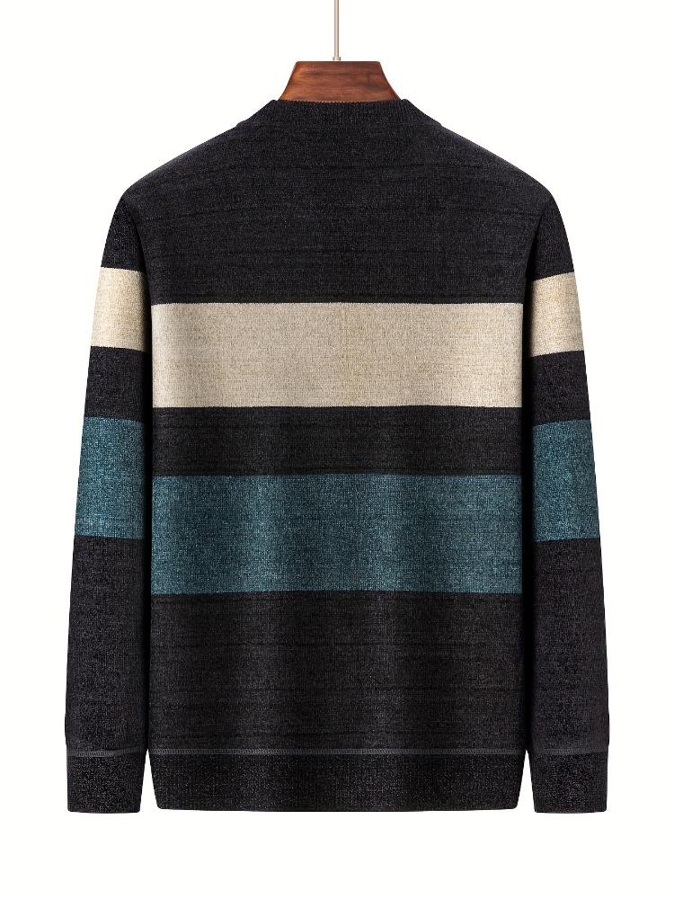 Color Block Knitted Sweater, Men's Casual Warm Mid Stretch Crew Neck Pullover Sweater for Men Fall Winter