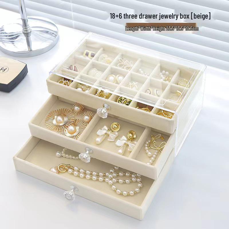 Three-Layer Velvet Jewelry Storage Box with Dustproof Acrylic Cover