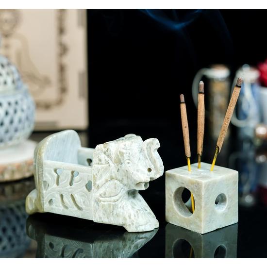 Crocon Handmade Soapstone Elephant Candle and Incense Holder – Multi-Incense Stick Stand with Elephant Design, Ideal for Home, Office