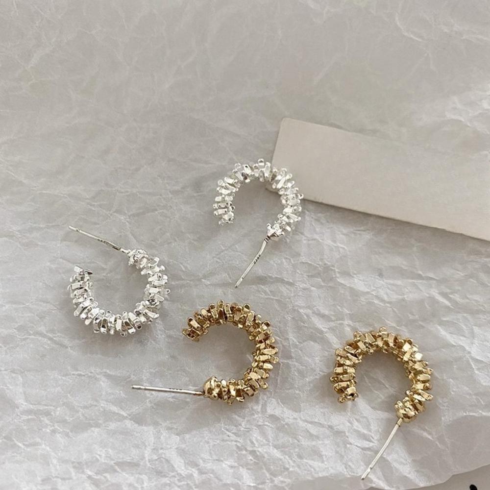 Temperament Simple Glistening Irregular Geometry Broken Silver C-shaped Stud Earrings for Women Korea Designer Jewelry Gifts