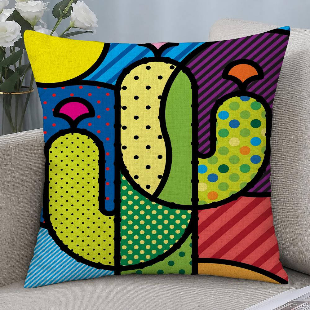 Artist Britto ES Happy Art Cushion Cover Cushion Covers Natural Linen Breathable Sofa Bedroom Decor Pillowcase