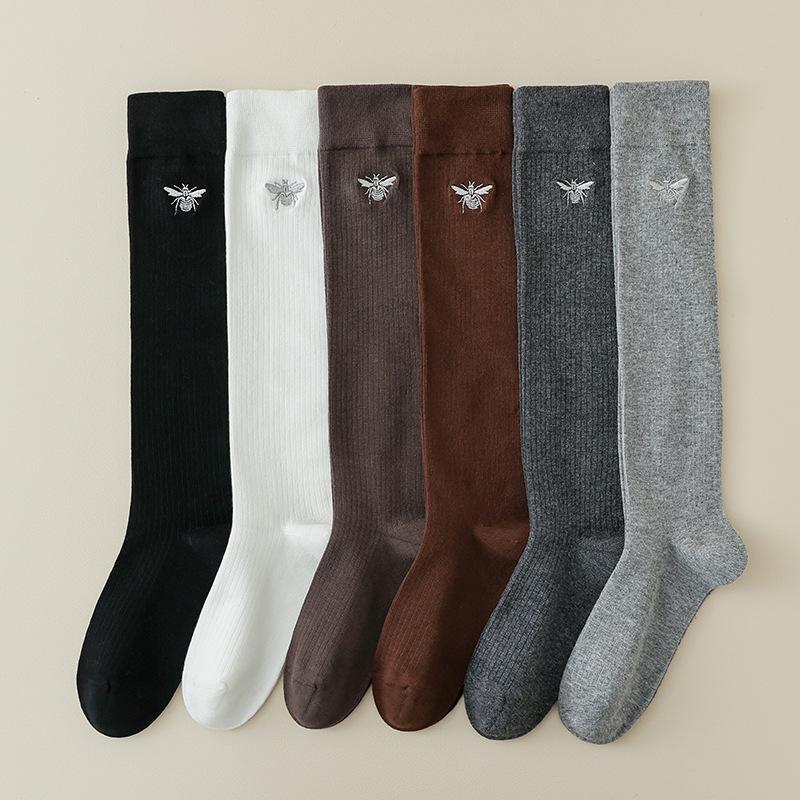 Women Stockings Bee Embroidery Long Socks Solid Color Black White Gray Stockings Knitted Cotton Knee Socks Women Stockings