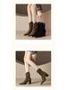 Women's Black Suede Pointed Toe Chunky Heel Ankle Boots with Back Zipper - Versatile Autumn/Winter Western Style.