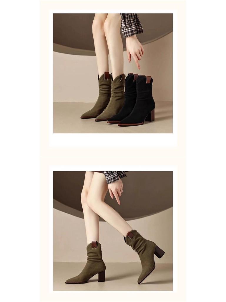 Women's Black Suede Pointed Toe Chunky Heel Ankle Boots with Back Zipper - Versatile Autumn/Winter Western Style.