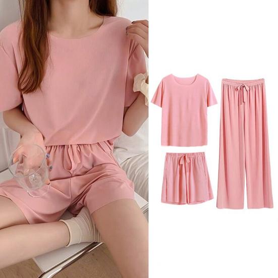 3 Teile/satz Frauen Sommer Pyjamas Set O Hals Kurzarm T-shirt Elastische Taille Shorts Breite Bein Falten Hosen Dame Loungewear Nachtwäsche Set Homewear Top