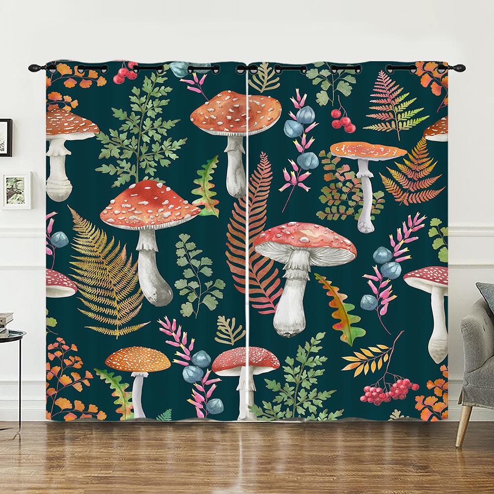 Curtain Mushroom 3D Sunshade Digital Printing Curtain Blackout No Punching Bedroom Living Room