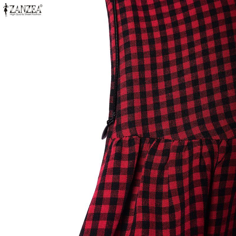 ZANZEA Womens Square Collar Short Sleeve Casual Grid Print Dress