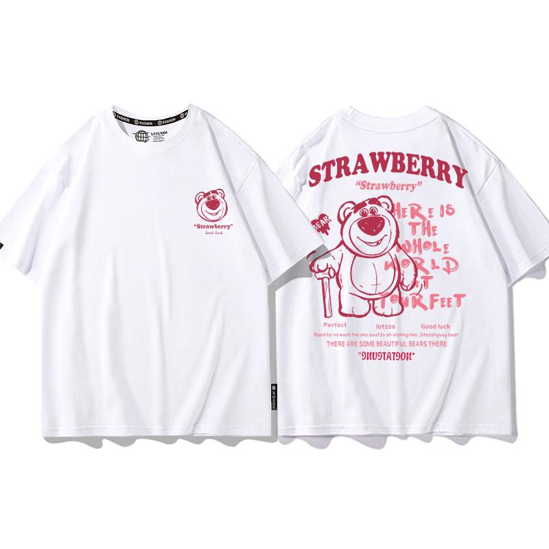 Strawberry Bear Joint TShirt Unisex Loose Fashion Brand Different Pure Cotton Clothes Summer Couples Short Sleeve