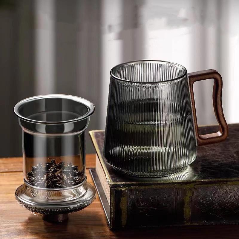 450ml Wooden Handle Vertical Stripe Heat-resistant Glass Tea Cup With Tea Infuser Filter Flower Tea Water Separation Tea Mug