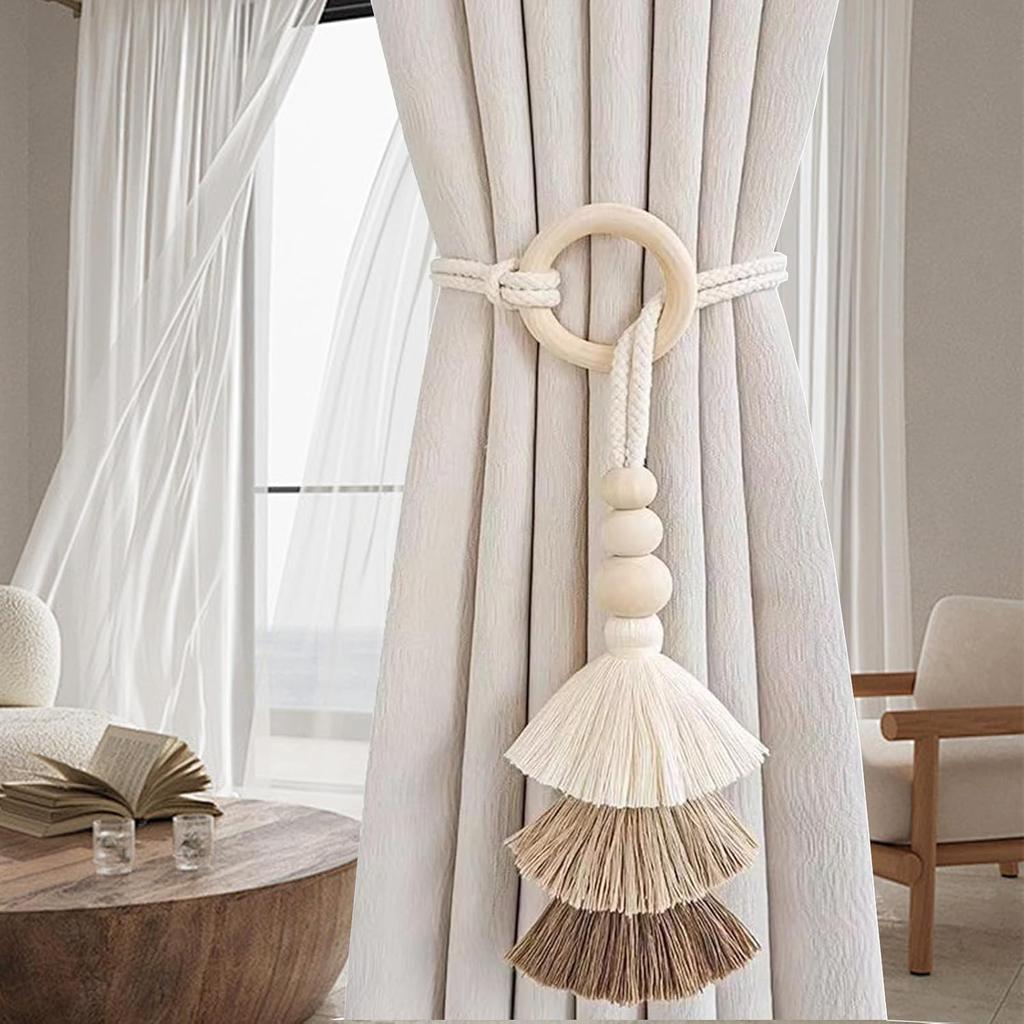 2pcs Wooden Bead Curtain Tiebacks,Bohemian Curtain Clasp,Tassel Curtain Clasp, Curtain Tiebacks No Hole Punching Decorative for Bedroom Window