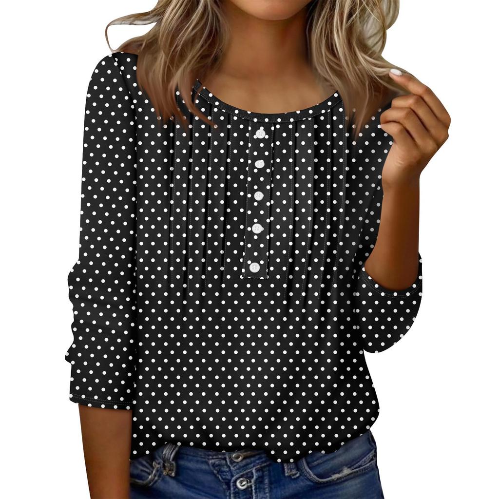 Women's Round Neck Pull Stripe Decorative Button Top Casual Solid Color 3/4 Sleeve T Shirt