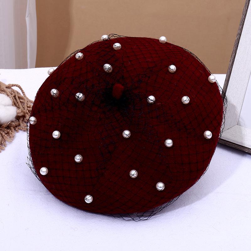 

Женский шерстяной берет с жемчужной сеткой - Белый ретро стиль художника для весны и осени M (56-58cm) вино красного