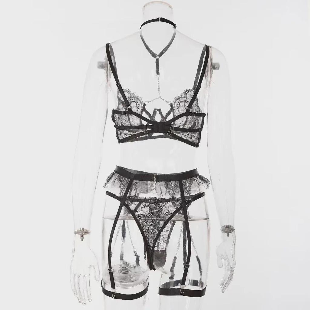 Europejski i Amerykański Styl Damski Seksowny Jesienno-Zimowy Zestaw Bielizny z Metalowym Łańcuszkiem - Trzyczęściowa Kolekcja Hot Girl