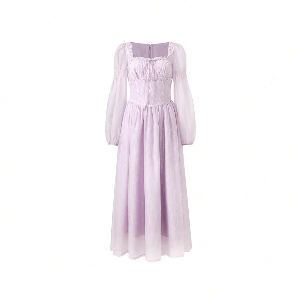 Square neck long sleeve purple long dress women's summer French retro daughter style temperament waist skirt