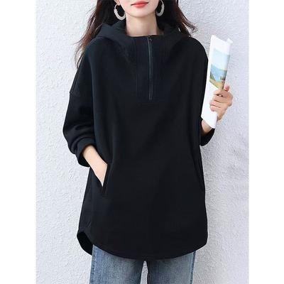 Half-zip Hooded Sweatshirt for Women Autumn and Winter Korean Style Loose Casual Mid-length Black Top