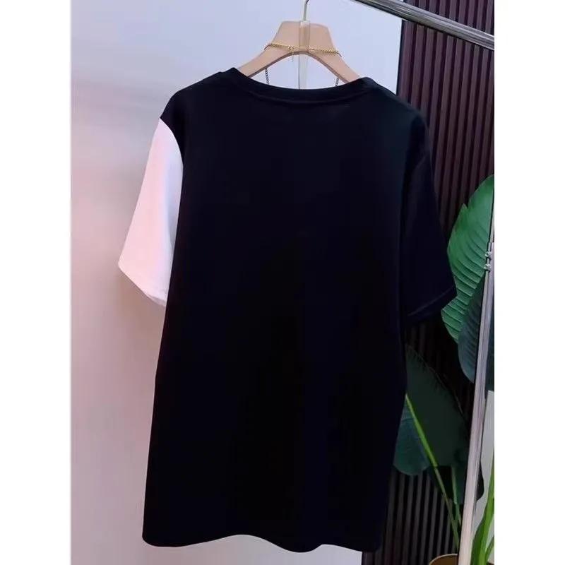 Camiseta Feminina de Verão Renda Tamanho Plus Size Patchwork Cor Contrastante Manga Curta Gola Redonda Pulôver Soltinho