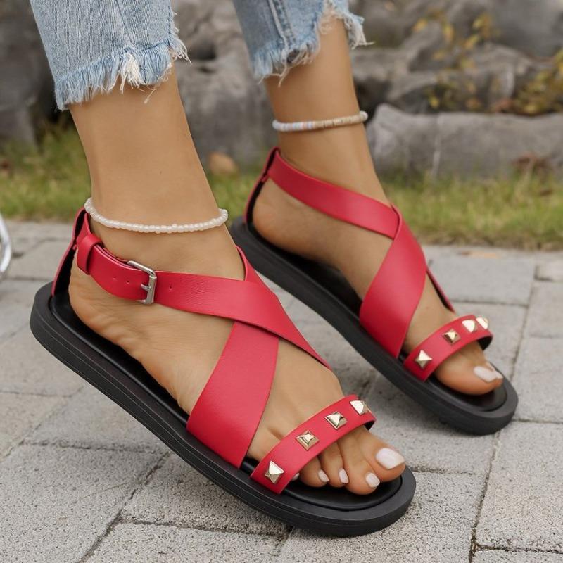 Fashion Summer New Sandals Women's Fashion Round Head Open Toe Rivets Metal Buckle Soft Sole Non-slip Flat Shoes