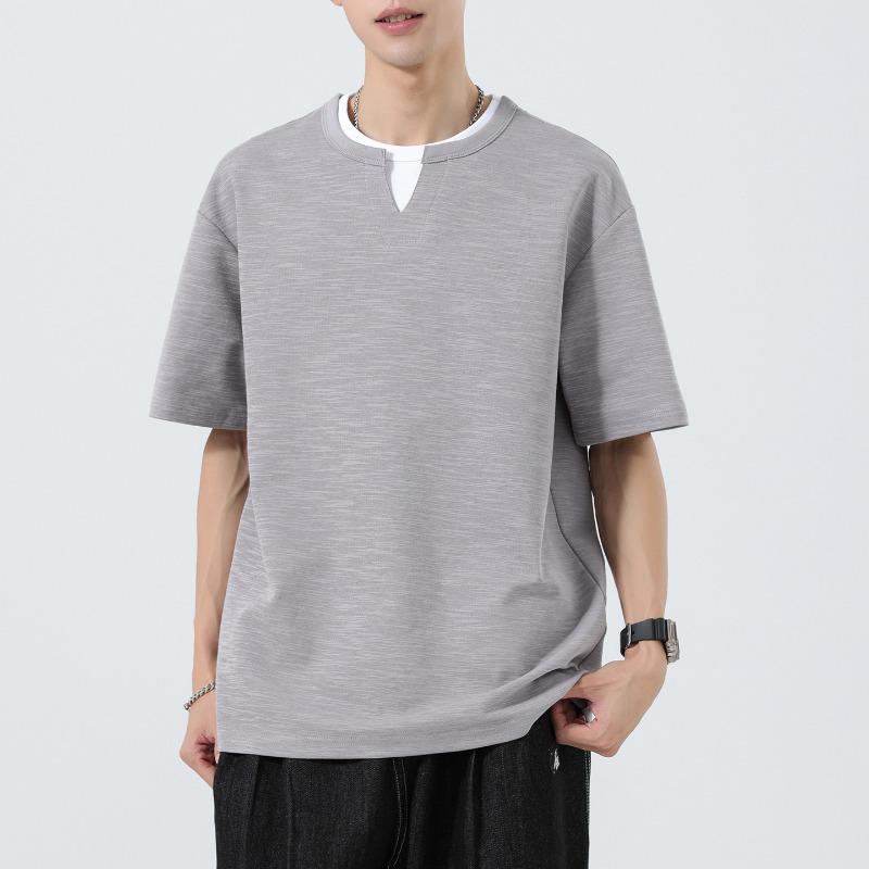 Men Fake Two Piece Notch Neck T Shirt Short Sleeve Loose Casual Textured Minimal Daily Summer Street Top