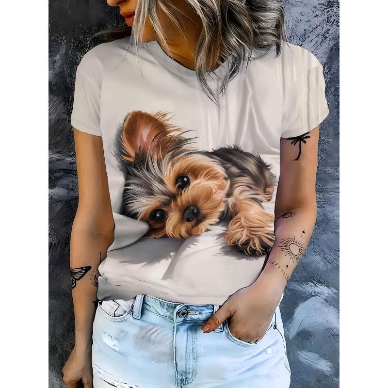 Cartoon Cat Dog Pattern T-Shirt For Women Fun Animal 3D Printed T Shirts Fashion Round Neck Casual Short Sleeve Loose Tees Tops