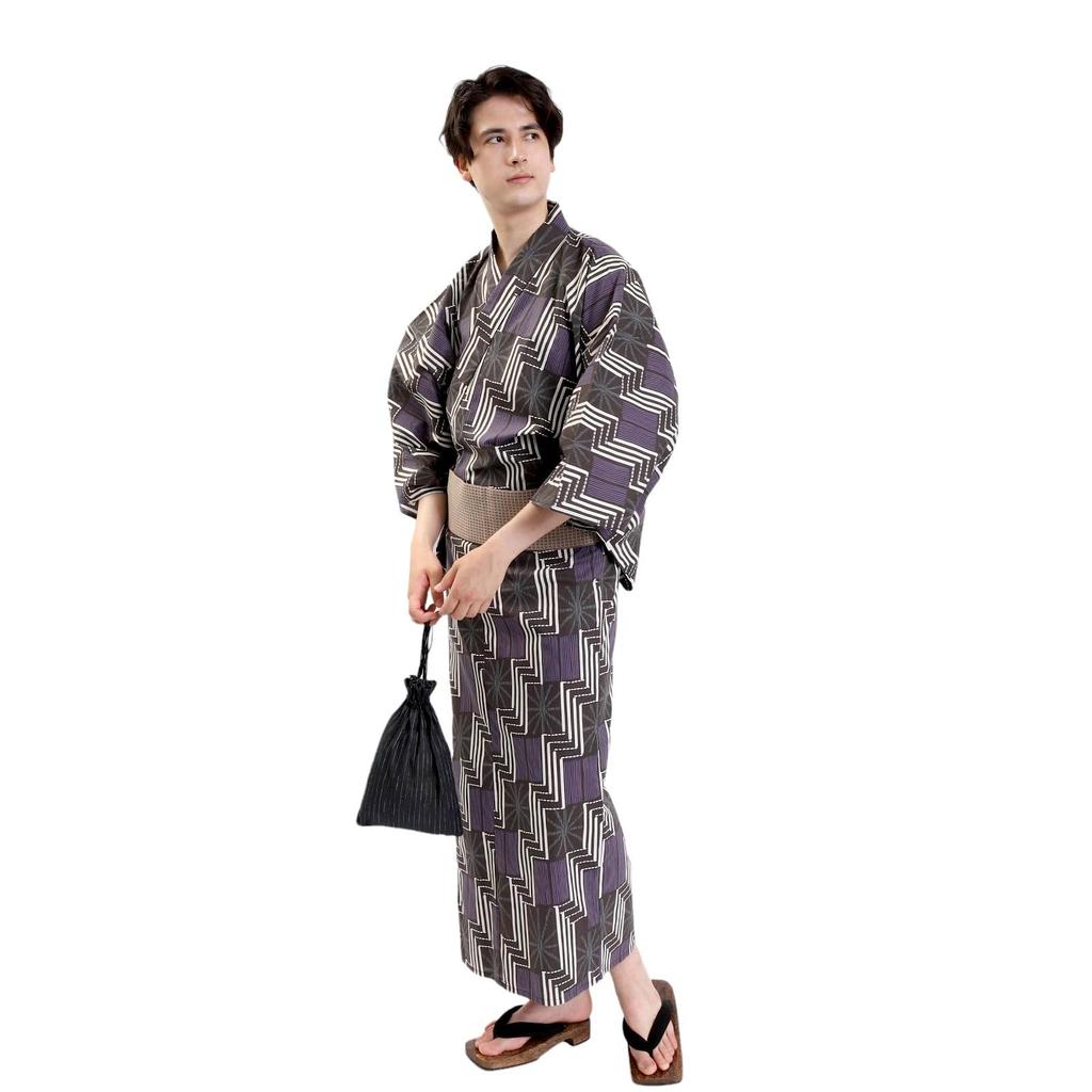 Fuuka Yukata Set Includes Waist and Geta Size and Hemp Leaf Pattern Square and Z3210CMB250 Men's (4 Pieces) - Obi, Cord, (Geta) - M, Black, Purple,