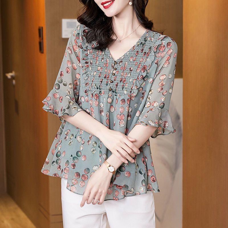 V-Neck Half Sleeve Printed Shirt Spring Summer Korean Female Clothing Spliced Chic Three-dimensional Decoration Blouse