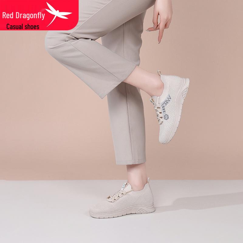 Red Dragonfly Women's Flyknit Spring Sneakers - Lightweight, Thick-Sole, Breathable, Casual Shoes for Travel and Sports.