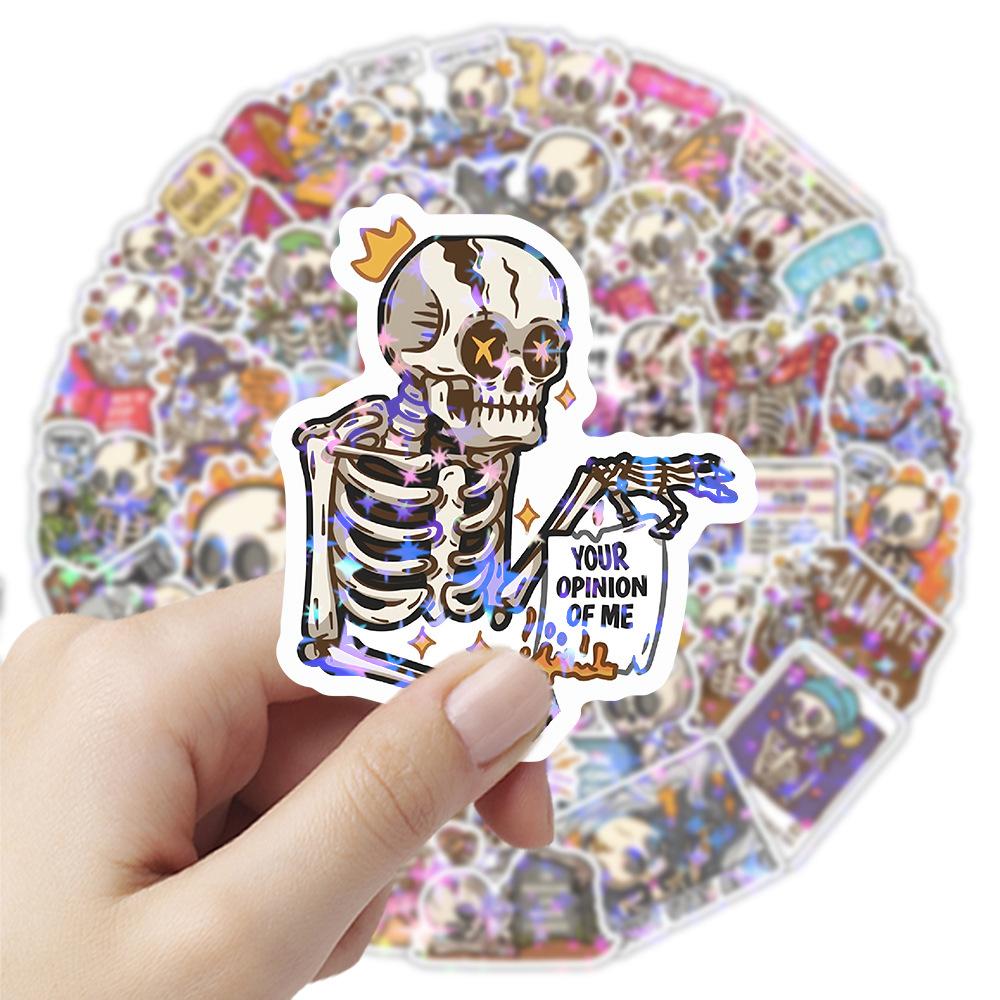 50/100Pcs Holographic Skull Cartoon Doodle Stickers Pack Waterproof for Suitcase Laptop Helmet Skate Phone Scrapbook Cup Decals