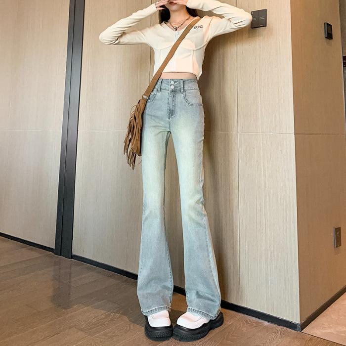 

Джинсы микро-клеш для женщин Весенние Новые С высокой талией Слимфит Эластичные На двойной пуговице Античный синий Расклешенные брюки 2XL