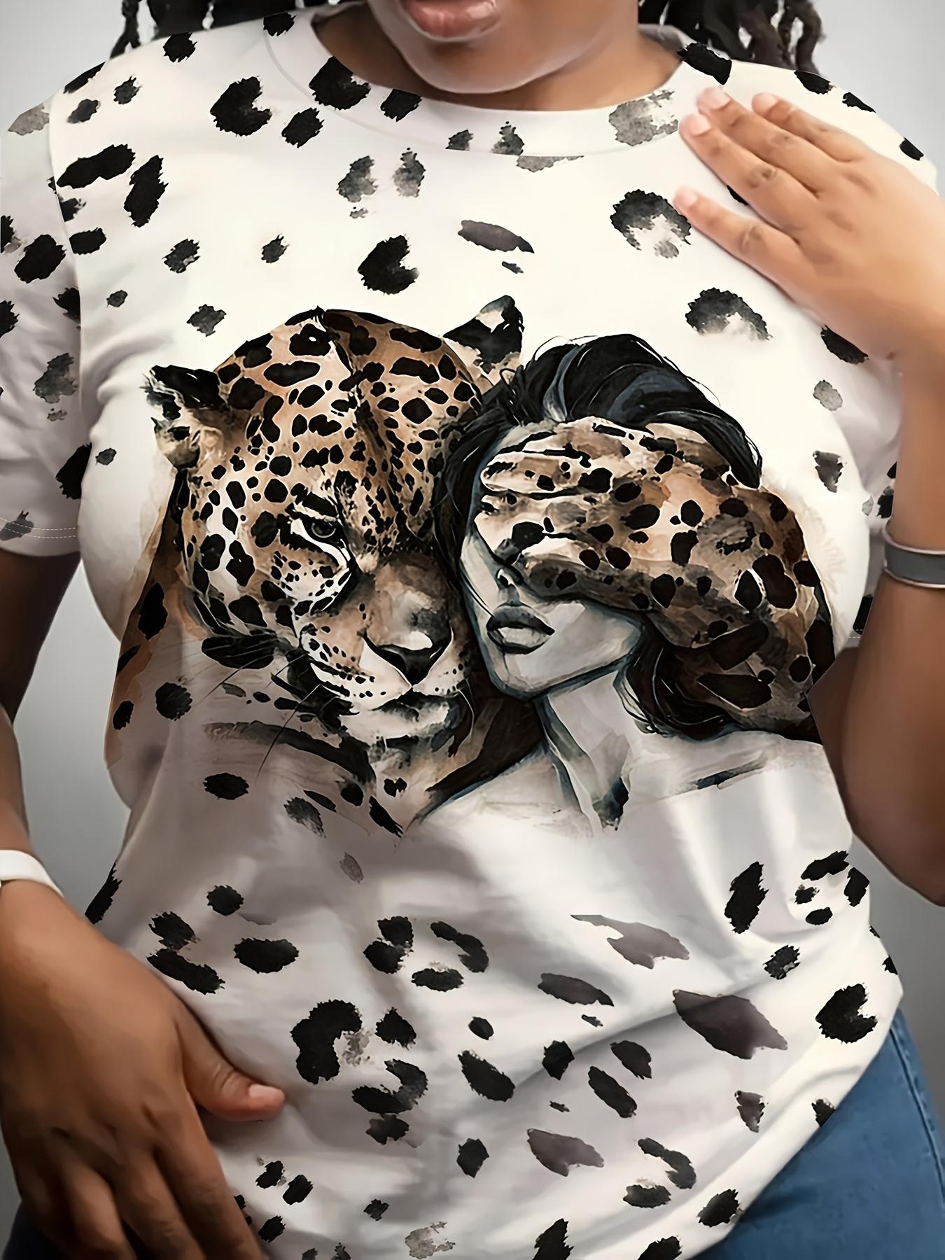 Women S Leopard Print Portrait Print Round Neck Short Sleeve T-Shirt. Featuring an Artistic Print That Blends Leopard And Human Figure. Combining Wild S