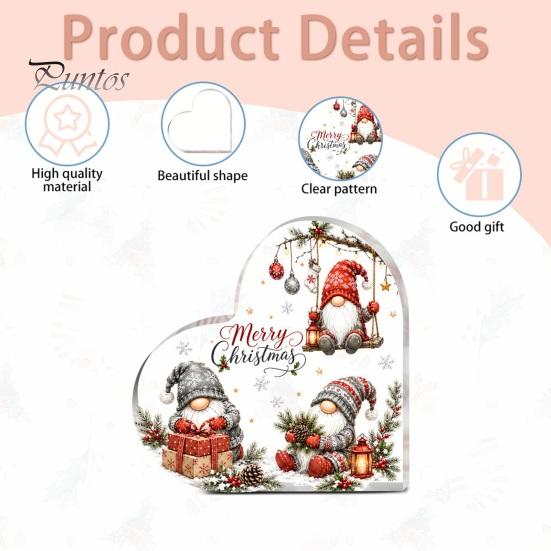 Heart Shaped Acrylic Gift Christmas Gnome Tabletop Decor, 2D Flat Holiday Ornaments Centerpiece with Love Design, Festive Room Ornament, for