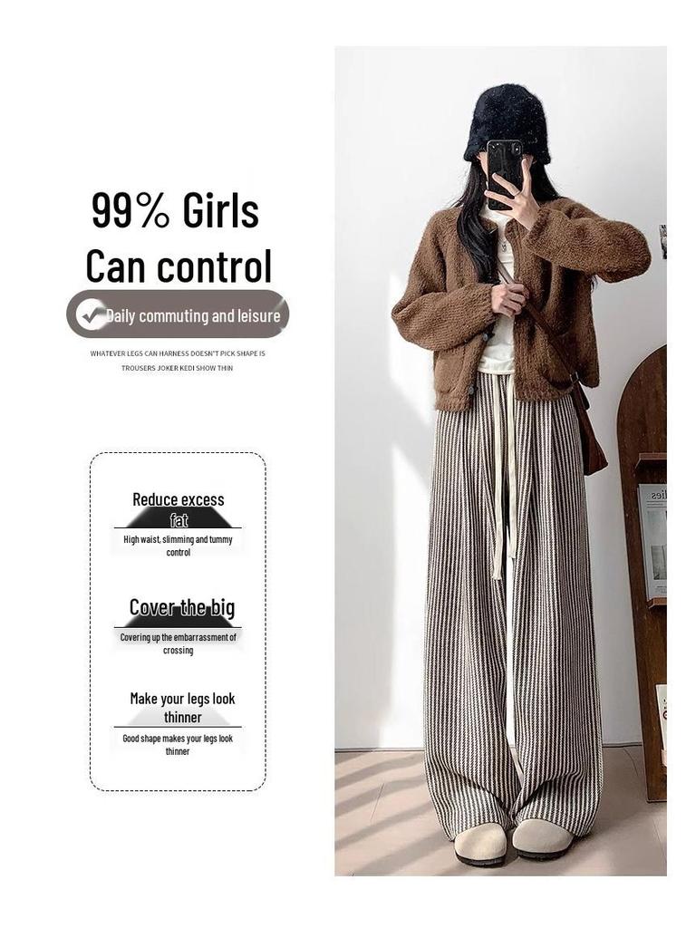 Petite Coffee Pinstripe Casual Women's Wide-Leg Pants, Drawstring High Waist, Relaxed Fit - Perfect for Spring & Autumn.