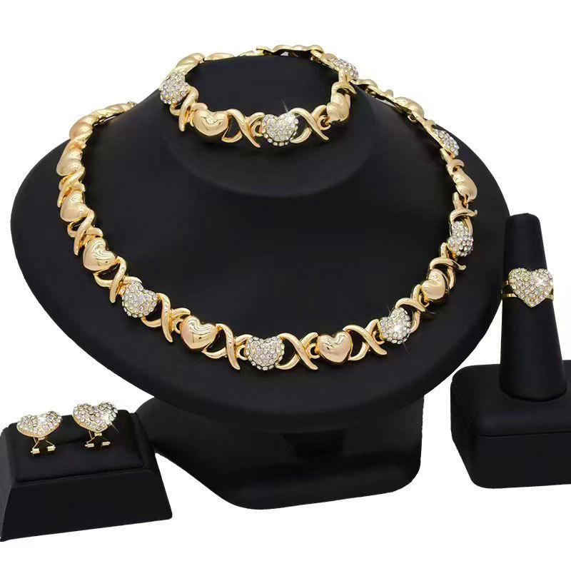 Classic Jewelry Four-Piece Set Love Gold Plated Diamond Necklace Earrings Bracelet Ring Jewelry Set Women