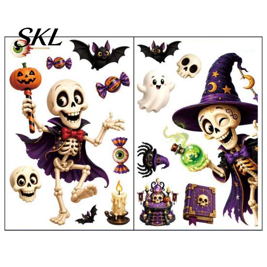 Halloween Window Stickers 2 Sheets Clings, Cartoon Skeleton Static Stickers, Funny Bat And Pumpkin Decals Ghosts Bats Pumpkins for Glass Doors Windows