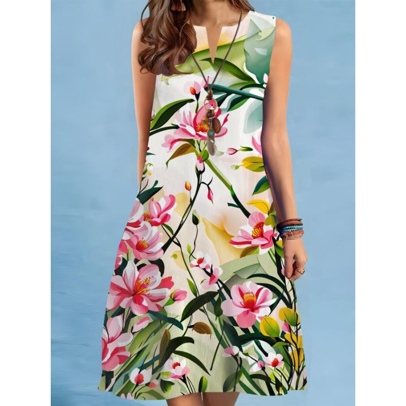 New Summer Beach Floral Print Dress For Women Casual Sexy Sleeveless V-neck Loose Mini Dress Elegant Short Dress Vestido