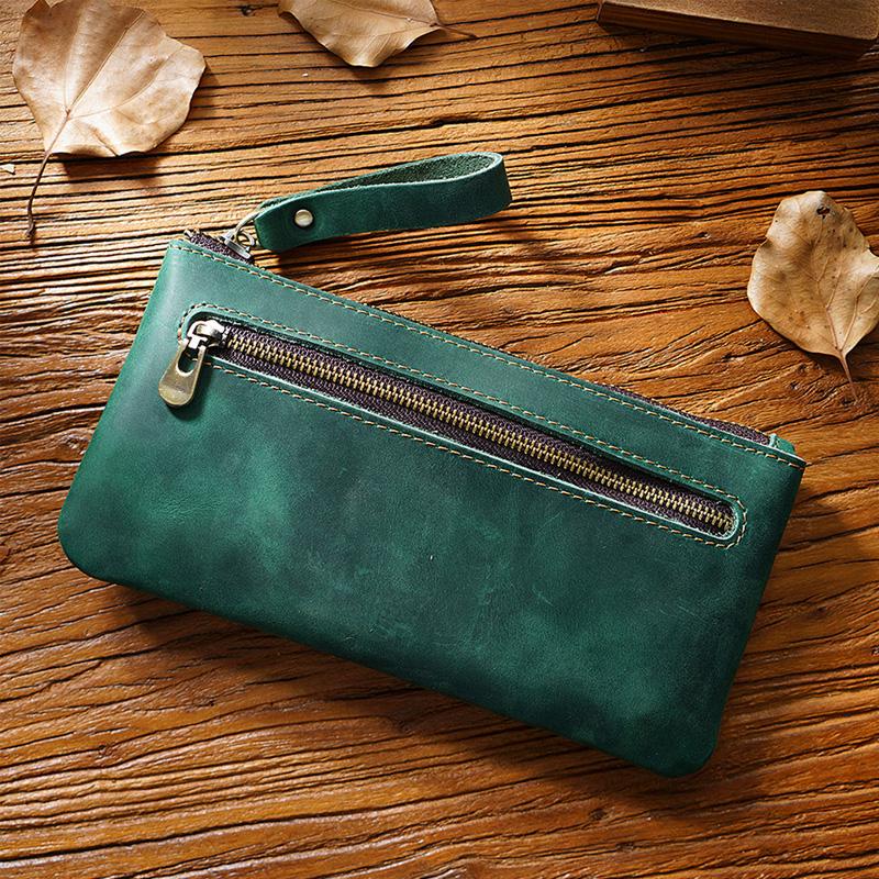 Fromthenon Retro Crazy Horse Leather Zipper Pen Bag Portable Large Capacity Pen Case Pencil Bag Teacher Bag Vintage Stationery