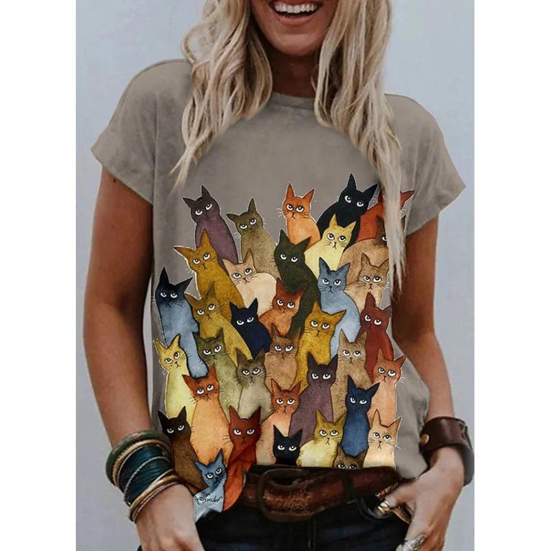 3D Cat Painting Women's T-shirt Cat Image Printing Round Neck Casual Summer Tops