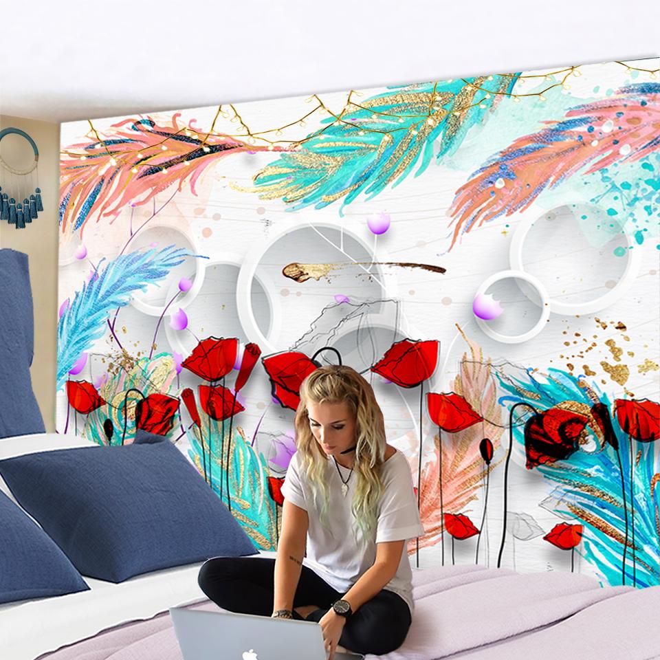 Colorful Bright Flowers Feather Tapestry 2020Modern Art Style Decor Psychedelic Boho Home Decor Wall Hanging Yoga Mat Shawl