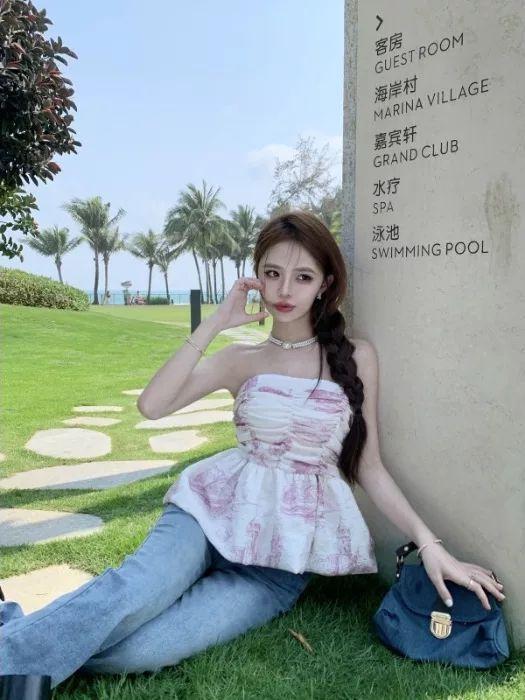 Sweet and Spicy Ink Printing Chiffon Tube Top Women's Summer French Waist Vest, Sleeveless Skirt Top