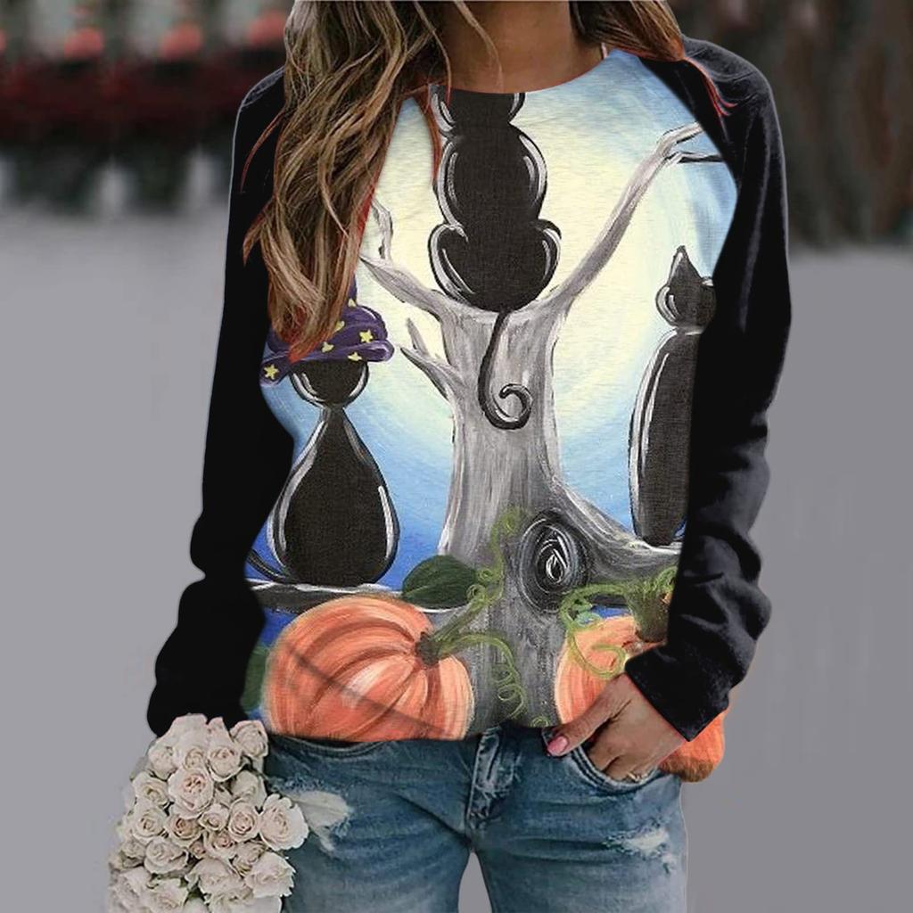 Round Neck Long Sleeved Color Blocked Women's Clothing 3D Printing Halloween Pumpkin Castle Dark Pattern Women Pullover