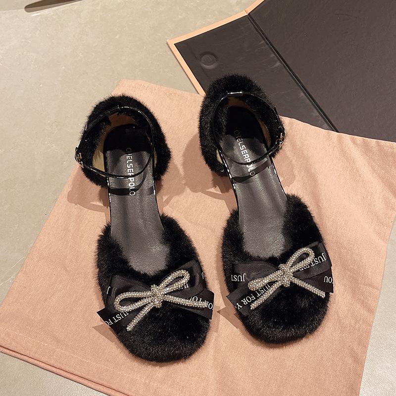 

Плюшевые туфли Мэри Джейн Женские Осенне-зимняя мода Бант Пряжка Ремешок Массивные туфли Удобные Роскошные Нескользящие Повседневные туфли 35 чёрный