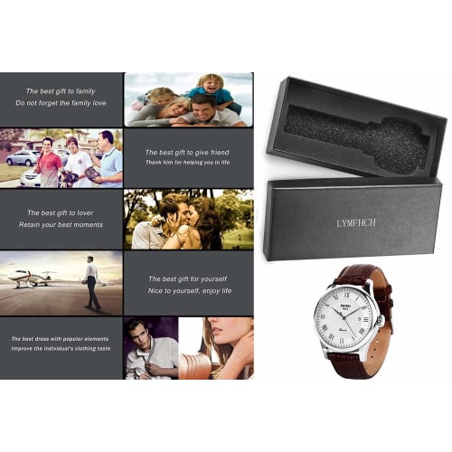 Roman Numeral Business Casual Fashion Analog Watch Classic Men's Quartz Watch with Calendar Date Window, 30M Water Resistant Comfortable PU Leather Wa