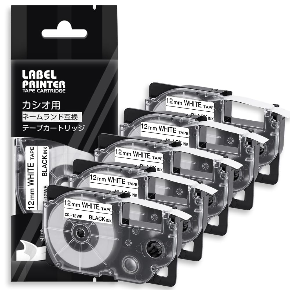 

12mm White background with black text CR-12WE Tape Cartridge Compatible with Casio Name Land Tape 12 (XR-12WE) White with Black Text 5-Pack Asprinte