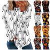 Blusa de algodón con cuello redondo para mujer, informal, a la moda, con estampado de Halloween, manga larga, cuello redondo, blusa superior