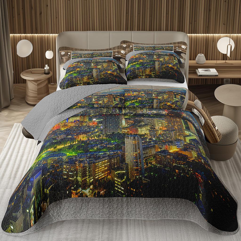 City Landscape Quilted Bedspread Set Cityscape Artwork Queen Bedding Set Colorful River Business District Coverlet For Girls Man