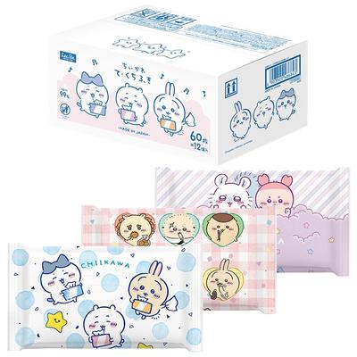 Chiikawa Reines Wasser Handtücher 60 Blatt x 12 Packungen zur Schmutzentfernung Hergestellt in Japan 3 zufällig sortiert und Hase 99% Tücher, (720 Blatt) / Netzverarbeitet /