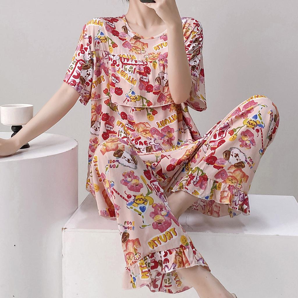 Short-sleeved Trousers Cotton and Silk Pajamas Women's Summer Thin Suit Japanese Sweet Anti-bumps Can Be Worn Outside Cotton Silk Loungewear