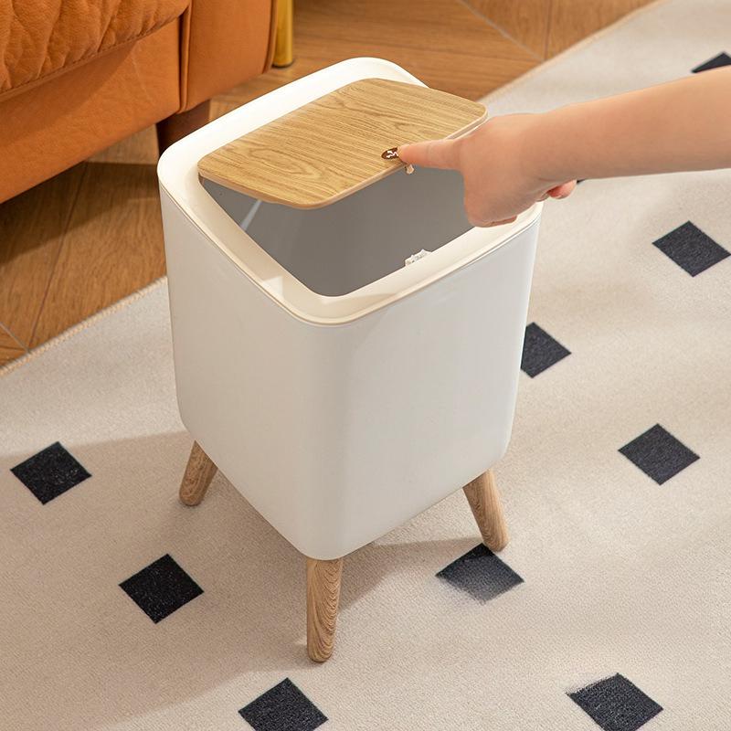 10L White Wooden Garbage Bin with Lid, Tall Legged Pedal Trash Can for Living Room Bathroom Office, Modern Kitchen Waste Bin