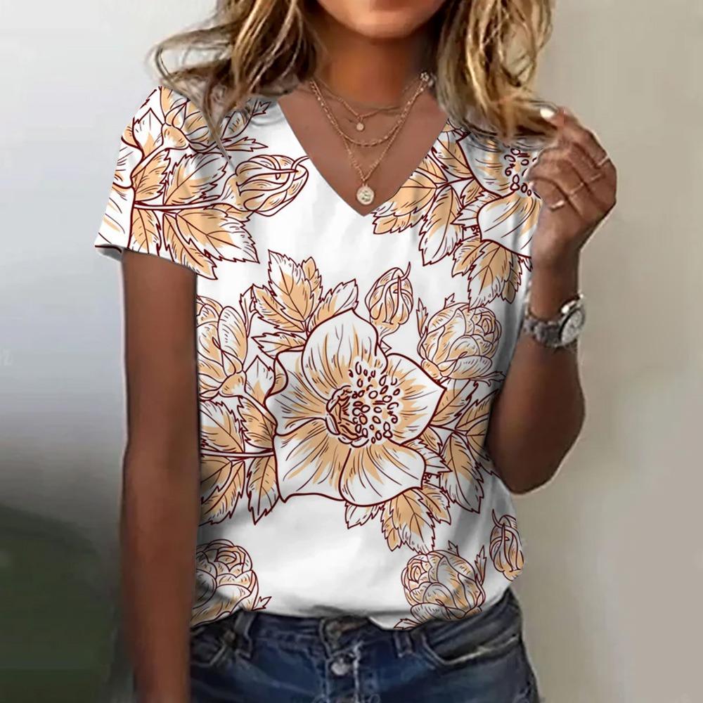 Dam T-shirt Blomtryck Sommar Lös Bekväm Kortärmad Mönstrad Topp V-ringad Casual T-shirt Casual Elegant Klädsel